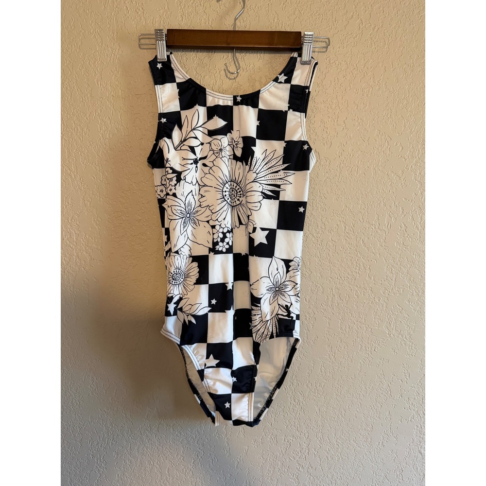 Gymnastics Leotard Adult Medium Black White Floral Checkered Star Print 36
